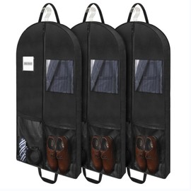 Belinlen 3pack 43" Garment Bags for Travel Hanging Clothes Suit Bag with 4" Gusseted large Suit bag Carrier for Men Breathable Garment Bag with 2 Mesh Pockets and 2 Carry Handles (Black)