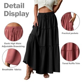 Qixing Women’s Summer Boho Skirt Elastic Waist Pleated A Line Long Skirt Maxi Skirts Flowy Swing Beach with Pockets