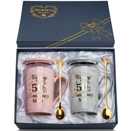 Golden Anniversary Wedding Gift, 2PCS Happy 50th Wedding Anniversary Mr and Mrs Gift Marble Ceramic Cups Set 14oz, 50 Years of Marriage, Golden Weddin-g for Couple, Parents, Grandparents, with Giftbox