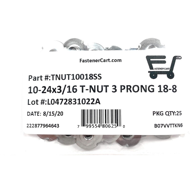 T-NUT Stainless Steel 10-24x3/16 (3 Prong) Tee Nuts (10-24 Thread