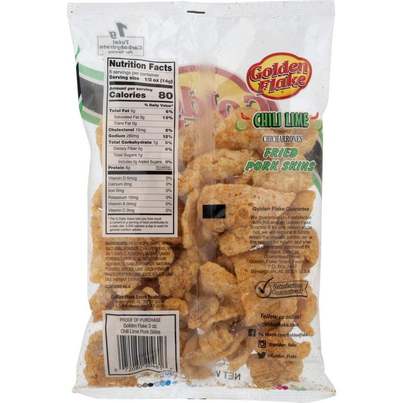 Golden Flake Pork Skins, Chili Lime, 3 oz Bags (Pack