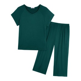 Ekouaer Pajamas for Women Set Short Sleeve Pj Sets Pullover Tops & Capri Pants 2 Piece Sleepwear Loungewear S-XXL Lake Green