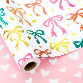 MAYPLUSS Bow Wrapping Paper, Reversible Girl Gift Wrapping Paper, Metallic Foil Girly Bow Gift Wrap for Women Birthday, Baby Shower, Anniversary, Valentine's Day, Christmas(Mini Roll, 17 Inch x 33 Ft)