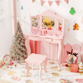 AKUSTIK Kids Vanity, 2 in 1 Wooden Dressing Table and Chair Set with Tri-Folding Mirror, Stool, Storage Drawer, Toddlers Pretend Princess Beauty Playset Toy for Girls