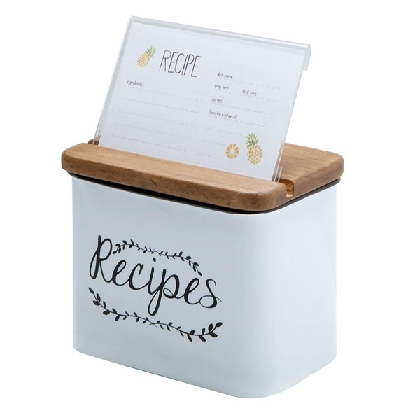 NIKKY HOME 4x6 Kitchen Metal Recipe Organization Box with Cards and Dividers, White