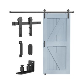 Barn Door Hardware Kit - 8FT Sliding Barn Door Hardware Kit with Floor Guide, Handles and Latch for Barn Door - Fit 46'' Wide Door Panel- I Shape Hanger, Black