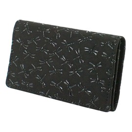 Indenya 2501-01-008 Business Card Holder, Large Capacity, Deer Leather, Black Background x Black Lacquer, Dragonfly Pattern, black