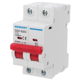 Wengart DC Miniature Circuit Breaker DZ47-63Z,500V 2 Poles 20A,Work for Battery and Solar PV Systems and Other DC Systems, DIN Rail Mount,Disconnect Switch