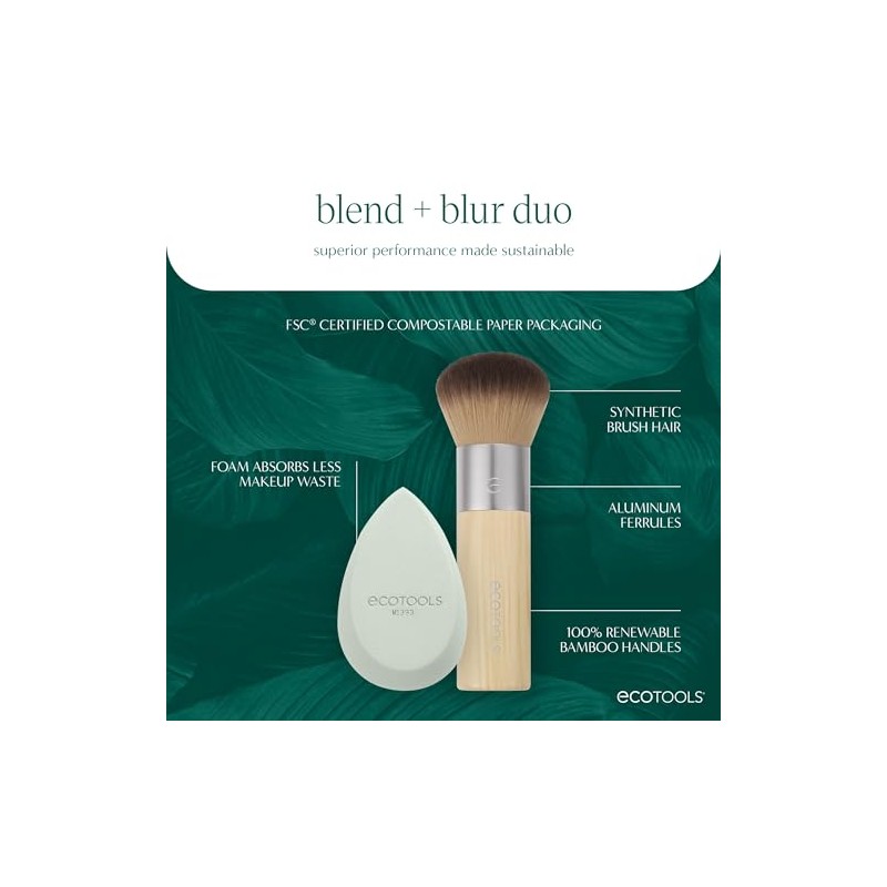 ECOTOOLS, Blend + Blur Dúo, Brocha y Esponja para Maquillaje,