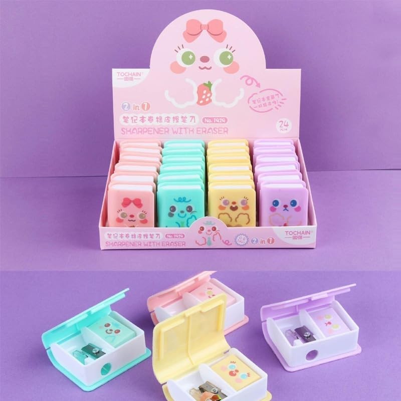 4 Pcs Dual Purpose Book Pencil Sharpener Eraser, Cute Cartoon