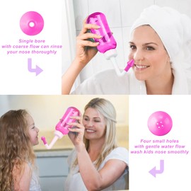 Neti Pot Sinus Rinse Bottle Nose Wash Cleaner Pressure Rinse Nasal Irrigation for Adult & Kid BPA Free 300 ML with 30 Nasal Wash Salt Packets and Sticker Thermometer (Pink)