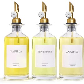 Ezebesta Set of 3 Coffee Syrup Glass Dispenser Bottles 16.23oz Pump Bottles with 10 Labels for Coffee Bar Organization