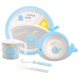 Kids Feeding Set 5 Pcs, Tableware Set for Toddlers Includes Plate Bowl Cup Fork and Spoon Utensil Flatware, Kids Flatware Set Dishwasher Safe, BPA Free (Whale)