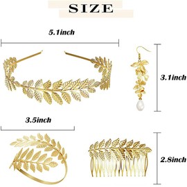 JeweBella 4 Pieces Greek Goddess Costume Jewellery Set Women's Gold Roman Laurel Leaf Crown Headbands Bracelet Bangle Upper Arm Pearl Dangle Earrings Wedding Bridal Headpiece Toga Party, Brass, Pearl