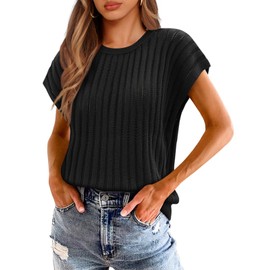 Saodimallsu Womens Summer Crochet Sweater Vest Cap Sleeve Knit Tops Casual Crewneck Sleeveless Sweaters Black