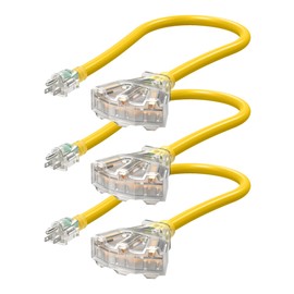 DEWENWILS 2 FT 12/3 Gauge Indoor/Outdoor Tri-Tap Extension Cord Splitter, SJTW 15 Amp Yellow Outer Jacket Contractor Grade Heavy Duty Power Cable with LED Lighted Plug, Pack of 3 for Christmas