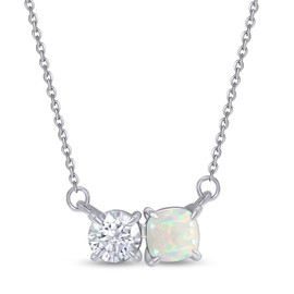SAVEARTH DIAMONDS 1 1/2CT 6MM Cushion Shape Natural White Opal & 6MM Round Cut Lab Created Moissanite Diamond Toi Et Moi 2 Stone Pendant Necklace In 14K White Gold Over Sterling Silver 18" Chain (1.50 Cttw)