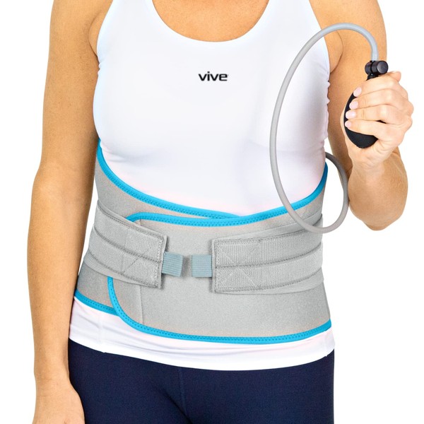 Vive Back Support Belt with Inflatable Compression Pump - Gel Brace with Straps for Injuries, Herniated Disc, Scoliosis, and Sciatica - Reusable Hot/Cold Therapy - Flexible for Lower Nerve Pain Relief