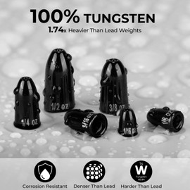 MadBite Tungsten Worm Fishing Weights, 100% Tungsten, Sinks Quickly, 1.74 Times Heavier Than Lead Weights, Smaller Sized, Inline Attachment, for Texas Rig and Carolina Rig, Polished Opening