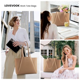 LOVEVOOK Laptop Tote Bag for Women 15.6 Inch Work Bag Leather Laptop Bag with Clutch, Large Capacity Office Purse Computer Briefcase Shoulder Bag for Casual Business Travel, Apricot