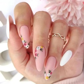 Almond Press on Nails - Pink Nude False Nails with French Flower Designs, Glossy Full Cover Stick on Nails for Women & Girls - 24pcs