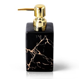 Premium White Marble Ceramic Soap Dispenser – 10oz Square Refillable Bottle with Golden Pump for Bathroom, Kitchen, Vanity, or Office (Black)