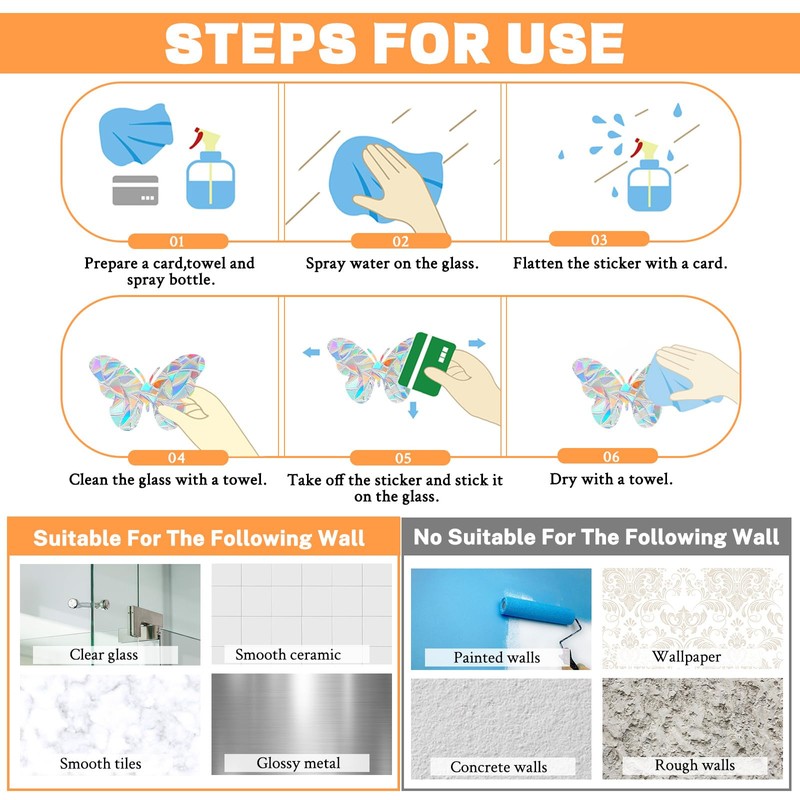 80pcs Rainbow Window Film, Bird Window Stickers Anti Collision, Butterfly