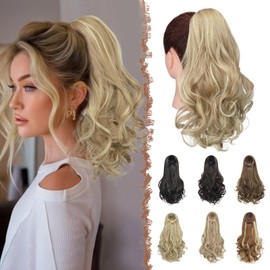 FESHFEN Drawstring Ponytail Extension, 15 inch Classic Loose Curly Wavy Synthetic Pony tails Hair Extensions Hairpieces for Women, Dirty Blonde