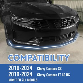 HECASA Front Bumper Lip Splitter Spoiler Compatible with 2016-2024 Chevy Camaro SS/ 2019-2024 LT LS RS Lower Lip Protector Kit Accessories Matte Black Plastic