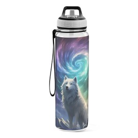 KUEJOP Water Bottle with Straw and Anti-dust Cover White Wolf on Mountain Top Drinking Bottle Tritan BPA-Free for School, Fitness, Gym, Camping, Outdoor Sports