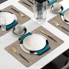 Enaskv Faux Leather Heat Resistant Placemats Set of 6 – Waterproof Oilproof Wipeable Dining PU Place Mat Easy Clean Table Mats for Kitchen/Dining/Party/Holiday, Khaki