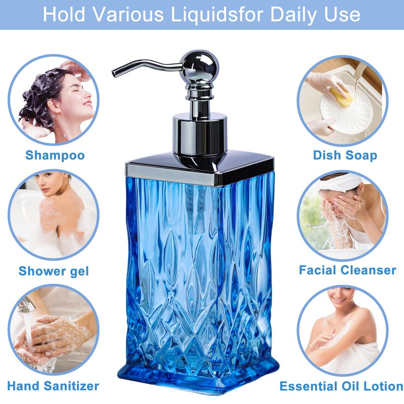 ZIVQEXMURL 10Oz Diamond Grid Pattern Blue Glass Soap Dispenser with