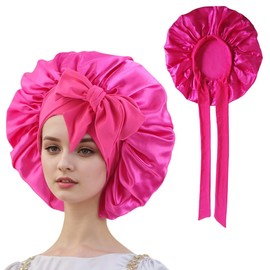 HIQIU Women's Long Hair Care Satin Bonnet Sleeping Cap, Silk Adjustable Sleep Cap, Elastic Bonnet Silk Hood for Sleeping, Soft for Sleep, Night Bonnet for Women, pink-red