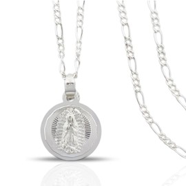 Cadena para Hombre y Mujer de Plata 925 Alejim Estilo Figaro con Dije de La Virgen de Guadalupe Collar de 50cm de largo x 2mm de ancho con Medalla Guadalupana de 1.8cm de alto x 1.6cm de ancho