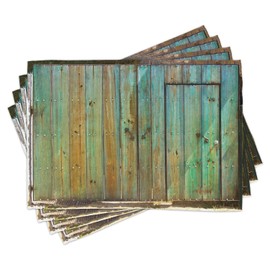 Ambesonne Vintage Place Mats Set of 4, Rustic Old Wood Door Dated Tuscany House Entrance Antique Texture Photograph, Washable Fabric Placemats for Dining Table, Standard Size, Brown and Mint