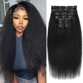 22 inch Kinky Straight Clip in Hair Extensions Real Human Hair Clip ins Yaki Full Head for Women Brazilian Human Hair Natural Black Color 8pcs 20 Clips 110g