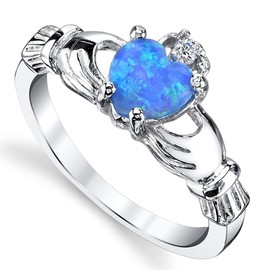 Sterling Silver 925 Irish Claddagh Friendship & Love Ring with Blue Simulated Opal Heart 9