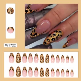 Rilafuvu Press on Nails Almond Fake Nails Cat Eye Glue on Nails Glitter Acrylic Nails Glossy False Nails French Tip Nail Press ons 24Pcs for Women and Girls (French leopard print almond nails)