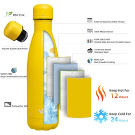 Konokyo Insulated Water Bottles,17 oz Double Wall Stainless Steel Vacumm Metal Flask for Sports Travel,Yellow