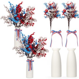 Weysat 2 Sets 4th of July Artificial Flowers and Vase Red Blue White Patriotic Flowers Decoration Independence Memorial Day Floral Arrangement for Veterans Day Home Outdoor Table Decor(Babys Breath)