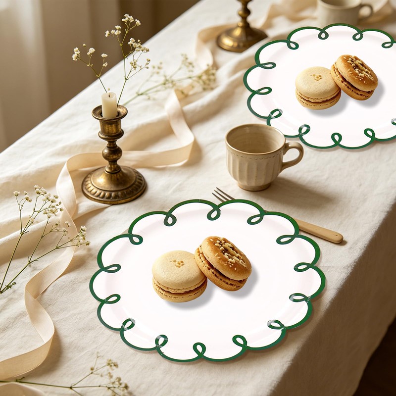 30Pcs Green Scalloped Paper Plates, Wavy Edge, 9 Inch