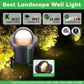 Varmtalys Landscape Well Lights, 5 CCT Selectable (Warm to Cool White) LED Low Voltage Ground Lights Outdoor, 12V IP67 Waterproof, Anti-Glare Wired Aluminum ORB for Outside Path Tree Walkway 6W 420LM