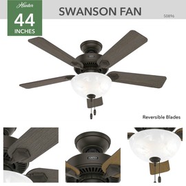 Hunter Fan Company, 44 inch ceiling fan with light, Swanson New Bronze LED Fan, Pull Chain.