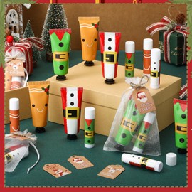 Dimsile 50 Sets 200 Pcs Christmas Hand Cream and Lip Balm Sets Christmas Stocking Stuffers Holiday Treat Gifts Goodie Xmas Party Supplies for Women Lip Care with Organza Bag and Tag, Cartoon Elf Style