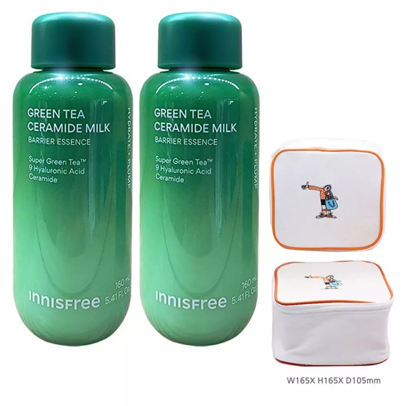 Innisfree 이니스프리 그린티 세라마이드 밀크 에센스 160mlx2개+플레이그린 화장품 파우치(옐로우) Innisfree