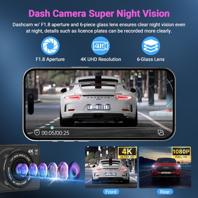 Dash Cam Front and Rear, 4K Dash Cam WiFi/APP Control