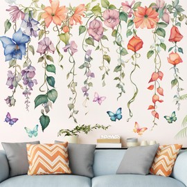 DRWSSR 2Sheets Hanging Creative Removable DIY Colorful Flower and Vines Wall Decal Watercolor Butterflies Wall Decal Waterproof Vinyl Wall Decal Decor for Girls Bedroom LivingRoom Wall Corner Decor(B)