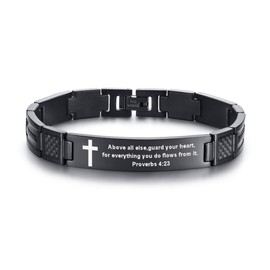 MEALGUET Above All Else,Guard Your Heart Engraved Stainless Steel Christian Bible Verse Cross Carbon Fiber Link Bracelet for Men