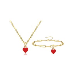 Fuqimanman2020 Sweet Enamel Forever Love Heart Shape Link Bracelet Paperclip Chain Stainless Steel Necklace for Mom Wife Lover Valentine's Day Preppy Jewelry-Red B Set