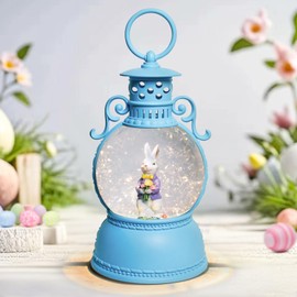 Easter Snow Globe, 9.4" Bunny Snow Lanterns with 6Hr Timer, Battery or USB Powered Christmas Snow Globe, Easter Decorations Christmas Decorations Indoor,Gifts for Kids and Adults Blue Spring Decor